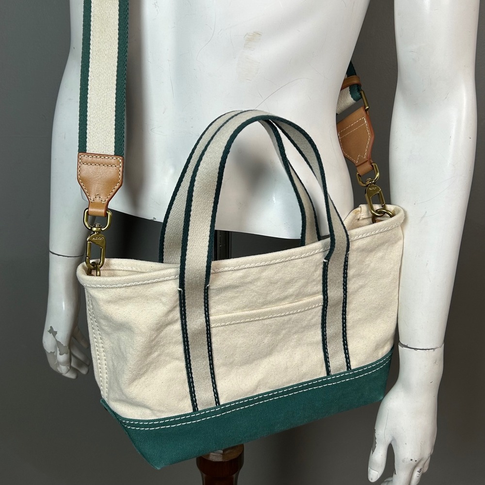 J.Crew Mini Montauk Tote Bag Green Natural Canvas Crossbody Preppy New England - Picture 11 of 14